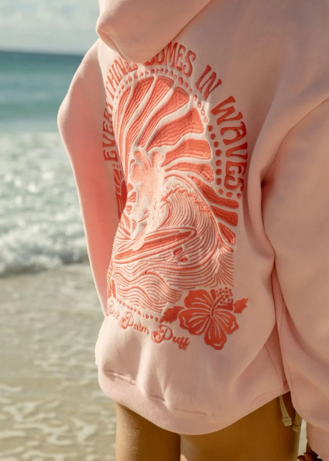 Pink palm puff everything comes in waves hoodie