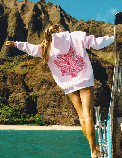 Pink palm puff hibiscus hoodie