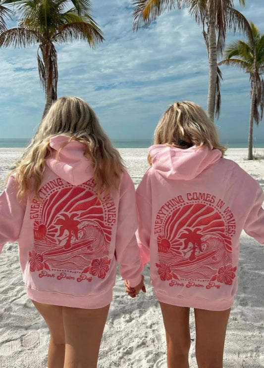 Pink palm puff everything comes in waves hoodie