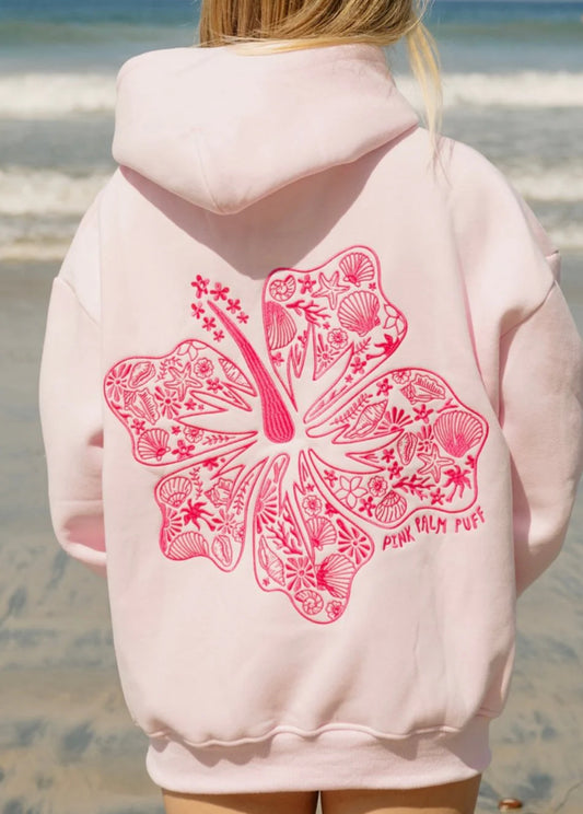 Pink palm puff hibiscus hoodie