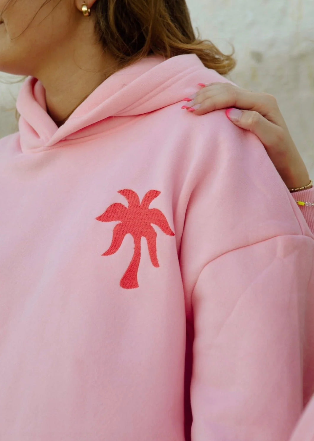 Pink palm puff everything comes in waves hoodie