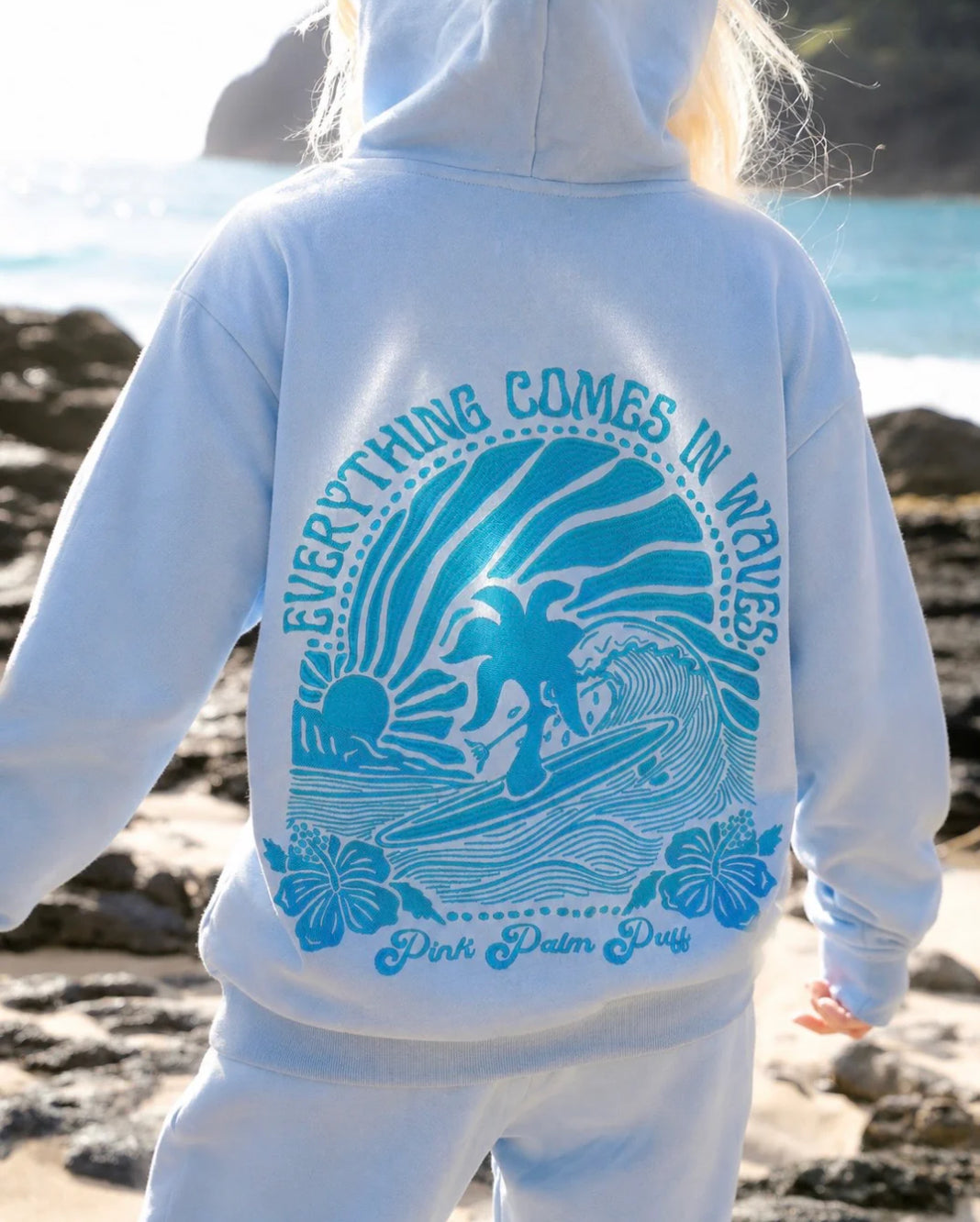 Pink palm puff everything comes in waves hoodie