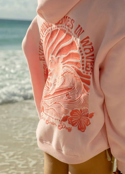 Pink palm puff everything comes in waves hoodie