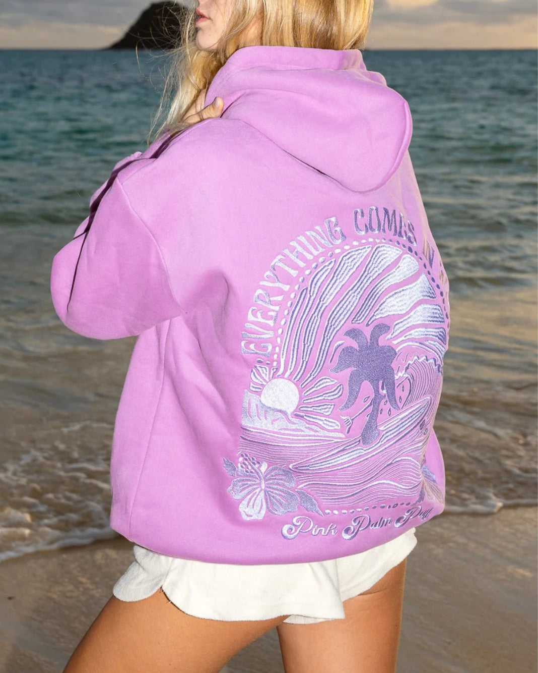 Pink palm puff everything comes in waves hoodie